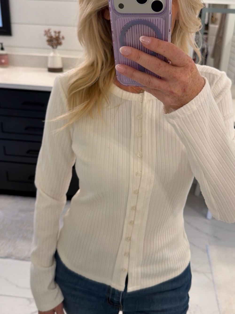 Blank NYC Cream Ribbed Button-Front Long Sleeve Shirt